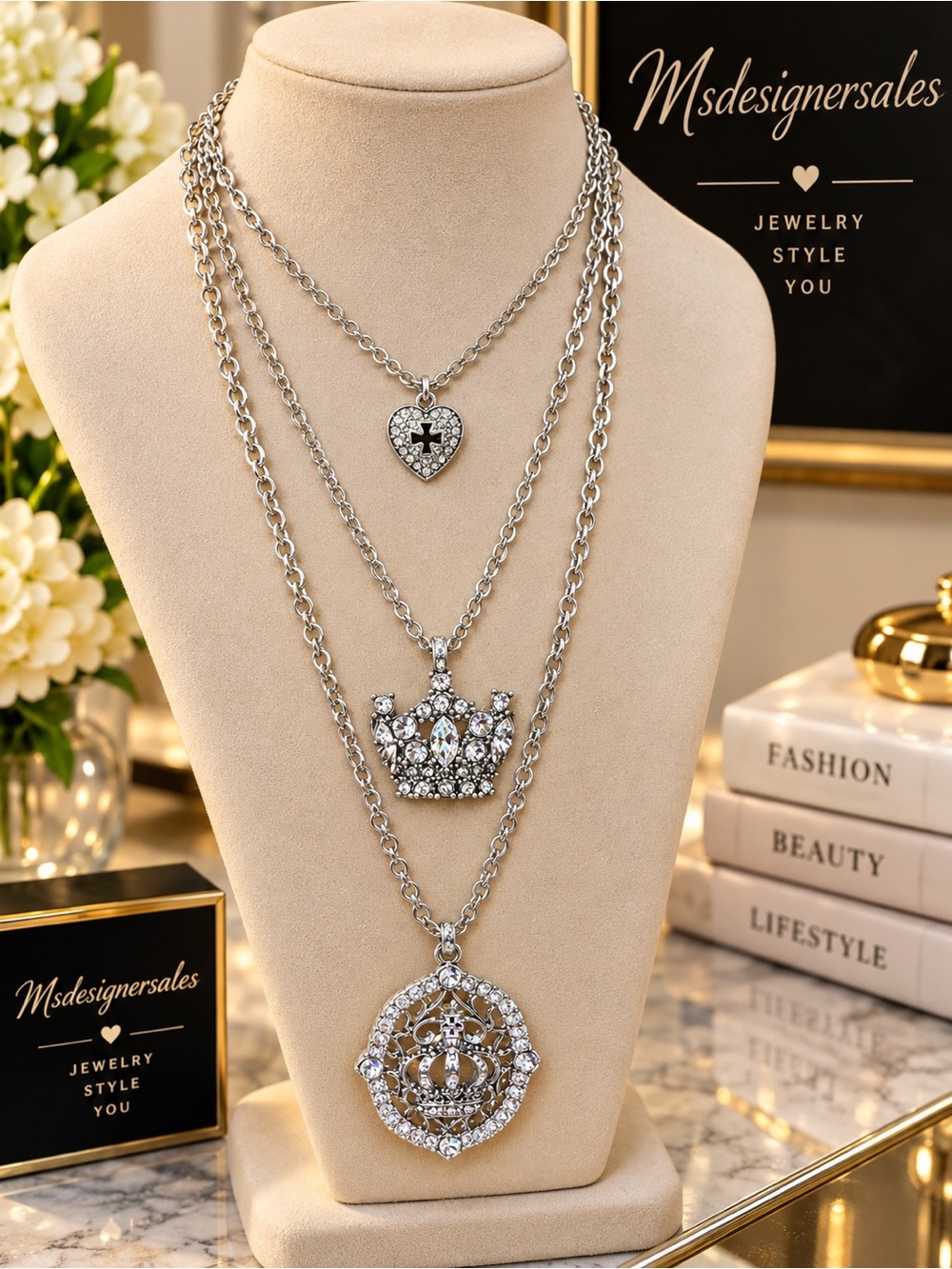 Silver-Tone Layered Crown & Heart Pendant Necklace